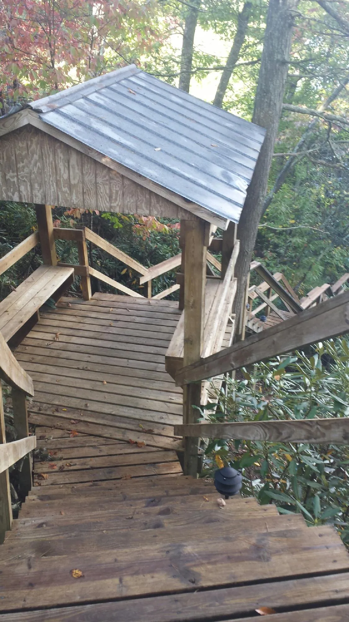 Metal roofed shelter over wooden steps on a wooded walkway — Skylight Repair & Installation work by our crew in Sauk Rapids